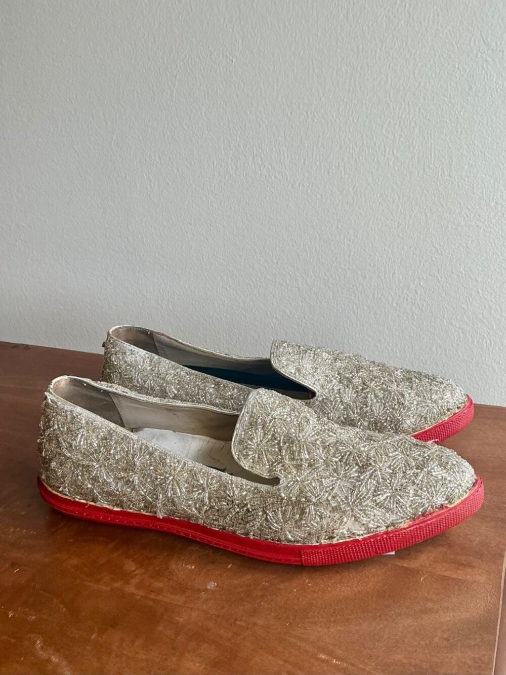 alice + oliva Silver Beaded + Studded Red Bottom Loafers